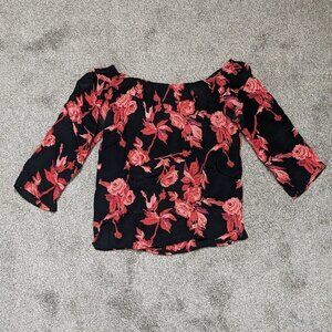 Women's "DCC Missy" Black/Orange Floral Chiffon Off-Shoulder Peasant Top; Size S